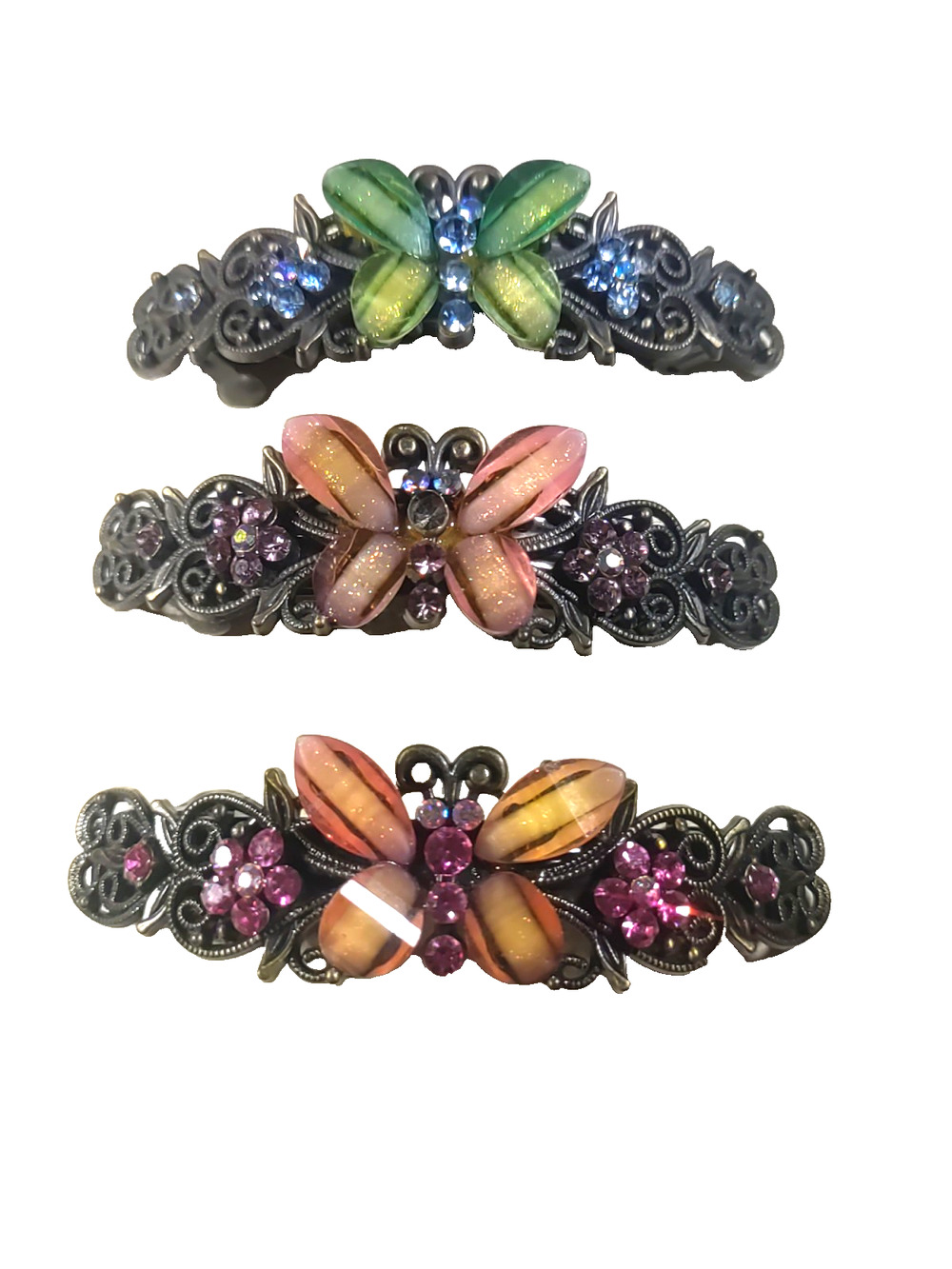 Lot Of 3 Butterfly Barrettes Black metal Rhinestones Green Pink Orange